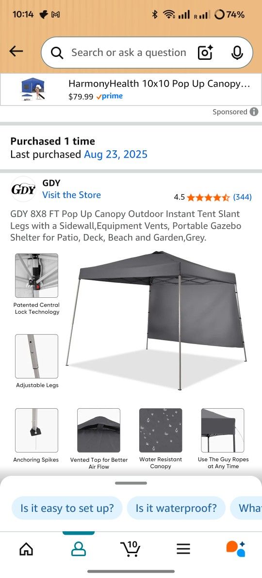 GDY 8X8 FT Pop Up Canopy Outdoor Instant Tent Slant Legs with a Sidewall,Equipment Vents, Portable Gazebo Shelter for Patio, Deck, Beach and Garden,Gr