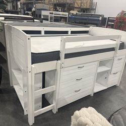 5-PIECE TWIN-SIZE LOFT STORAGE BED WITHIncludes: Low Loft Bed Louver, 3-drawer Chest, 2-drawer Chest with Shelves, Headboard Bookcase, Small Bookcase.