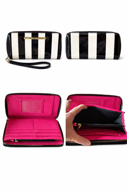 Betsey Johnson Black White Striped Patent Zip Around Wallet Wristlet