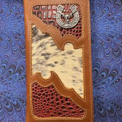 New Men's Handmade Multicolored Leather & Cow Fur, Steer Horseshoe Rivet Wallet