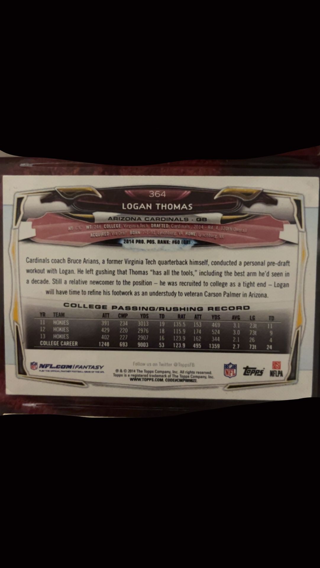  2014 Topps Chrome Logan Thomas Rc Auto 364 Arizona Cardinals Ay16