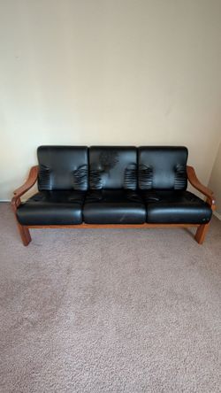 Black Leather 3-Seat Sofa with Wood Frame