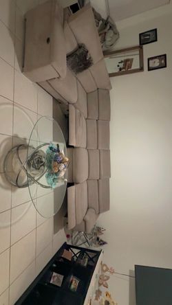 Large Beige Sectional Sofa with Recliners