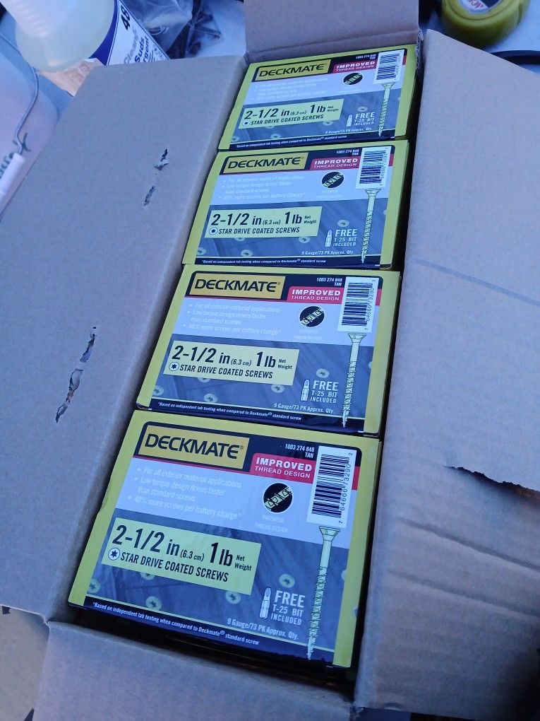 New 2½" Tan Exterior Screws 1Lb Box, 12 Boxes Available, $5 each Box.