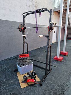 $225 Fitness accessories combo
Delivery for extra. Homestead 33033
Black steel power rack with pull-up bar, barbell loaded with plates on both sides,