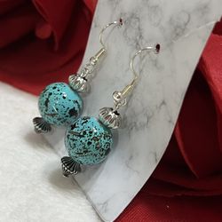 NEW Blue Pottery-glaze Ceramic Bead Dangle Earrings on French-wires