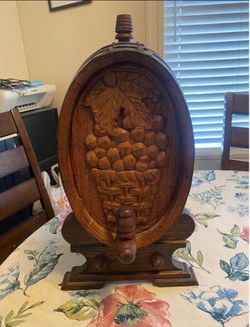 Vintage Oak hand carved wine barrel. Dispensary working parts, oak with iron bands.
