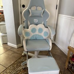 Cute Vigosit Cat Ear Gaming Chair w/ Footrest & Paw Pillow – Blue/White