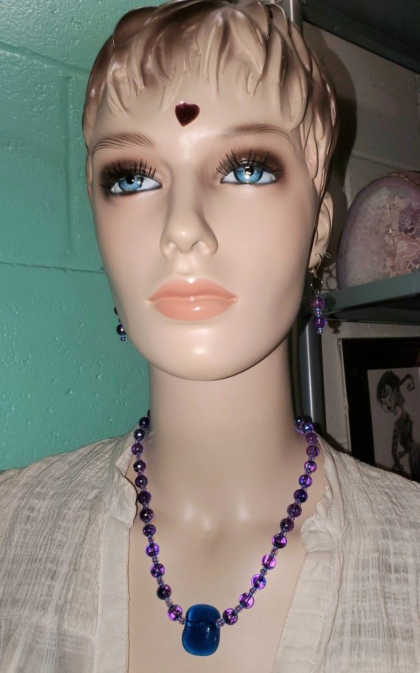 TURQUOISE/PURPLE FUSED GLASS NECKLACE SET