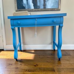 Vintage Hand-Painted Blue Console Table / Small Writing Desk on Casters
