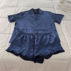 Blue Satin Pajama Set - Size Large 