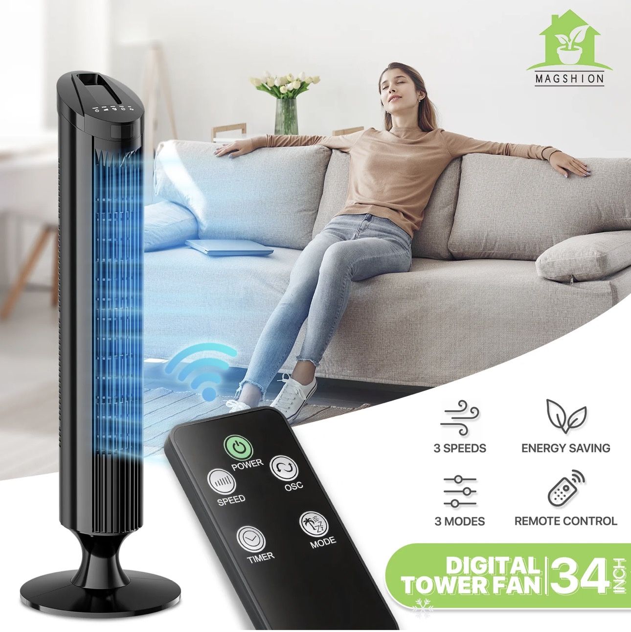 34" Tower Fan - 3 Speeds 3 Modes - Room Temperature Display