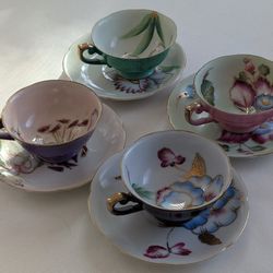 Vintage Royal Sealy Japan Teacup & Saucer Set (4 Sets, Hand Painted, Gold Trim)
