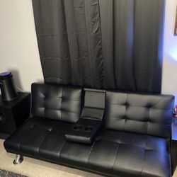 Faux Leather Futon Sofa W/ Cupholders 