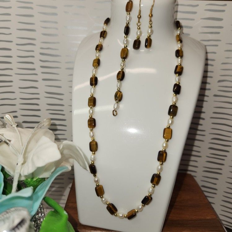 #14, TIGER EYES & FRESHWATER PEARLS SET OF BRACELET, NACKLACE, EARRINGS