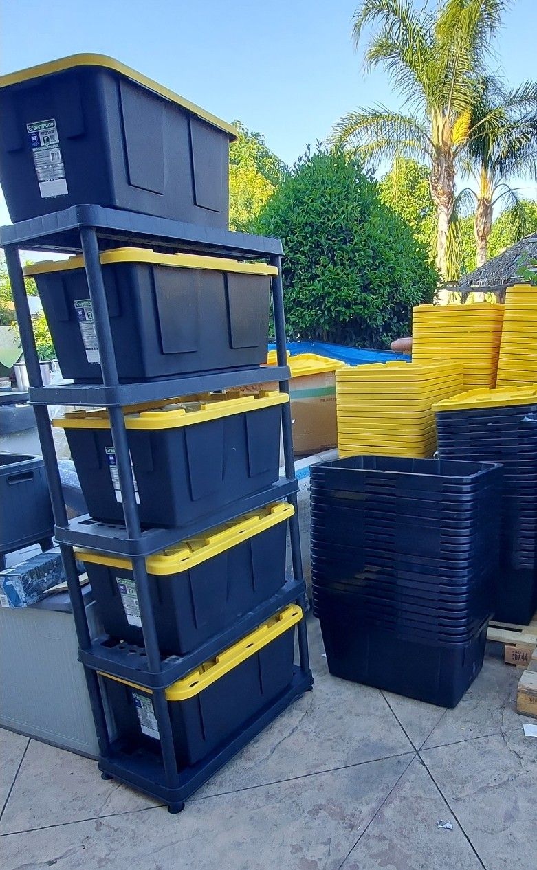 Greenmade shelves with five 27 Gallon Totes $100