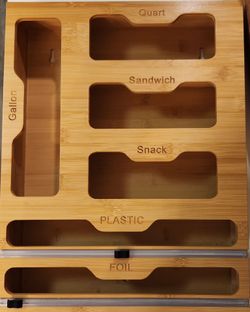 Bamboo 6 in 1 Kitchen Organizer For Foil, Wraps, Storage Bags.