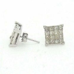 14K White Gold 2.00 Ct Princess Cut Invisible Set Diamond Stud Earrings #32483B