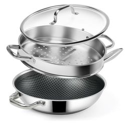 SLOTTET Hybrid 12-Inch Wok with Steamer,Nonstick Stainless Steel Woks & Stir-fry pans with Lid,Stay-Cool Handle,PFOA Free Cookware,Dishwasher and Oven