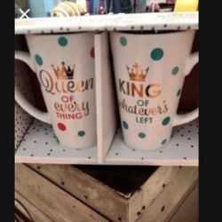 AMERICAN ATELIER LATTE COFFE CUPS SET OF TWO KING 👑 & QUEEN RED BLUE GOLD DOTS