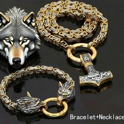 2-Pcs Nordic-Inspired Viking Pattern Titanium Steel 2-Tone Double Wolf Head Thor's Hammer 24 Inches Multi-layer Chain Necklace & Bracelet Set 