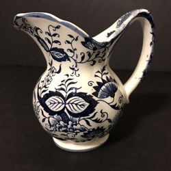 Vintage Enesco Japan Blue and White Floral Designed 4 1/2” Tall Creamer Pitcher