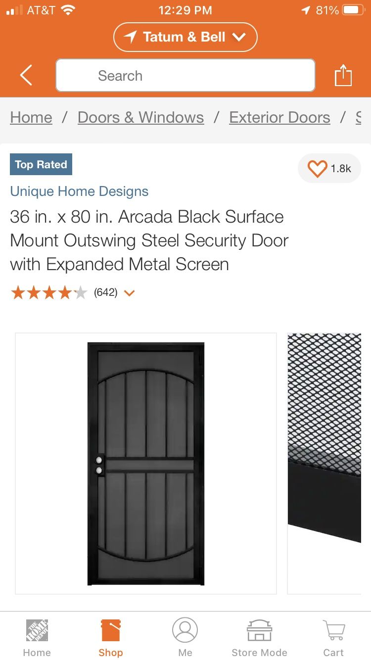 Security Screen Door 36” X 80” Black Arcada 151972