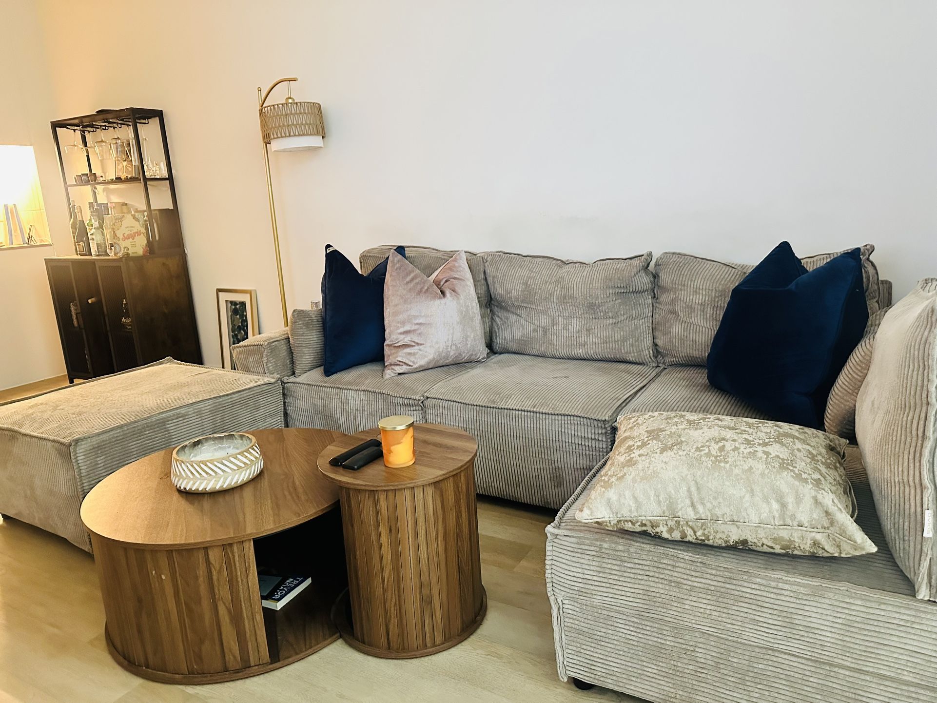Neutral Color Sectional Sofa With chaise Ottoman, Modern deep Seat Corduroy Sofa — gently Used