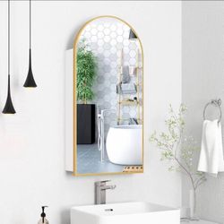 Gold Arched Medicine Cabinet with Mirror, Bathroom Mirrored Medicine Cabinet Organizer, Surface Wall