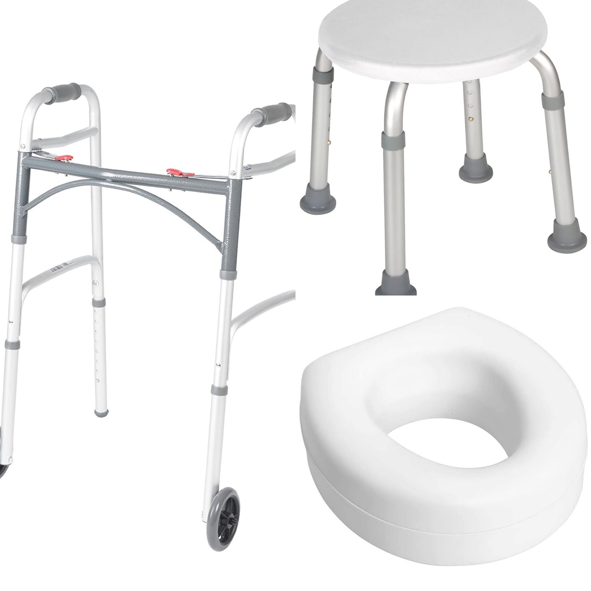 Walker + Adjustable Shower Stool + Toilet Seat Riser