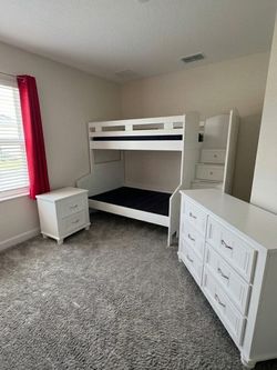 White Bunk Bed Set with Dresser and Nightstand