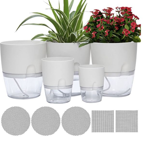 Self Watering Pots for Indoor Plants, 5 Pack 6/4.1/3.2 Inch Flower Pot Modern Decorative Plastic Planter with Extra Large Water Storage for All House 