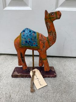 Vintage Hand Painted Wooden Camel Figurine Indian Folk Art Carved Wood Decor