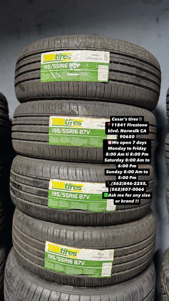 195/55R16 TBB A SET OF FOUR NEW TIRES, INCLUDES MOUNTING AND BALANCING WITH WARRANTY, ASK ME FOR ANY SIZE OR BRAND, WE HAVE THE BEST PRICES!!