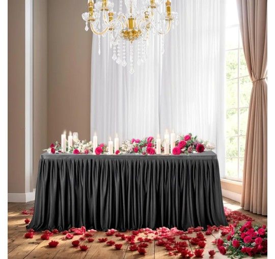 9ft Black Table Skirts for Rectangle Tables Polyester Table Skirt Desk Skirts Ruffle Tablecloth Skirt for Birthday Party Banquet Black Theme Party Wed
