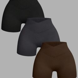 Yoga Basic 3pcs Wide Waistband Ribbed Knit Sports Shorts Spandex Shorts


