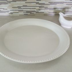 White Beaded Serving Platter and Gravy Boat Set