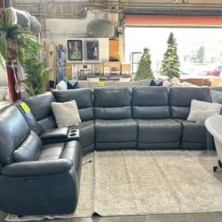 Leather Power Reclining Sectional Sofa Cup Holder Modern Comfortable Deep Seat