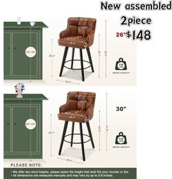 🥨2Pcs 360°Swivel Counter Height Bar Stools with Back, 26 inch Seat-Height,  Solid Wood Legs, Bar Stool Modern Kitchen Island Chairs, Brown-Faux Leath