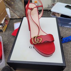 Gucci Calfskin GG Marmont Ankle Wrap 30/115mm Platform Sandals 38 Hibiscus Red size 9