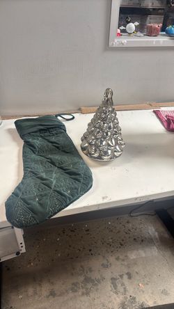 Mini pottery barn Christmas tree and green stocking