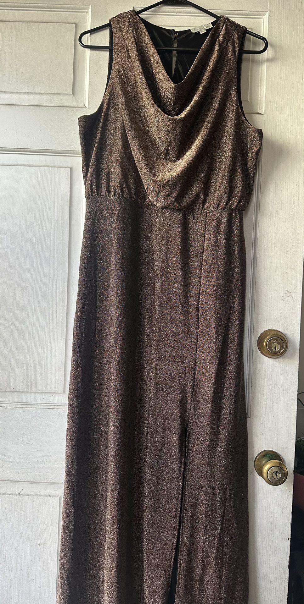 Formal Sparkly Brown Dress With Slit And Lining. Size Large