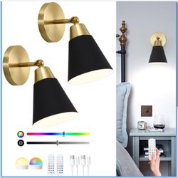 Black and Gold Battery Operated Wall Sconce Set of 2, Rechargeable Wall Light with Remote, 3CCT Dimmable Wireless Wall Lamp, LED Cordless Sconce for L