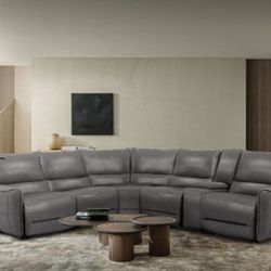 Brand New Grey Top Grain Leather Power Reclining Sectional Sofa