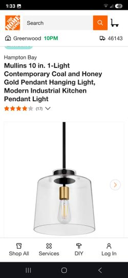 Hampton Bay 
Mullins 10 in. 1-Light Contemporary Coal and Honey Gold Pendant Hanging Light, Modern Industrial Kitchen Pendant Light