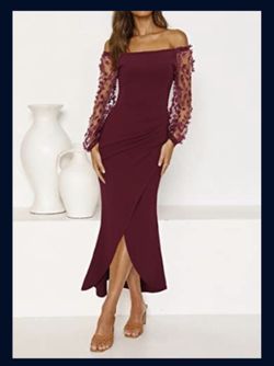 BTFBM - Women's Elegant Off Shoulder Dresses Long Sleeve Sheer Mesh Ruched Criss Cross Split Bodycon Long Party Wedding Guest Dress