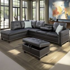 Black Leather Sectional Couch With Drop Down Table 