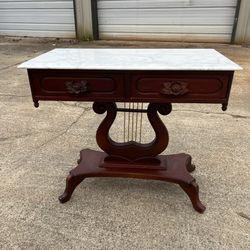 Victorian Mahogany Genuine Italian Marble Top Lyre Table Harp Base 2 Drawers