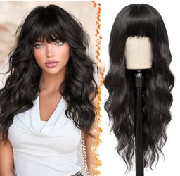 BARSDAR Long Wavy Dark Brown Wig With Bangs - 26 Inch Long Wavy Dark Brown Wig with Bangs for Women - Thick Soft Synthetic Hair Replacement Wigs Natur