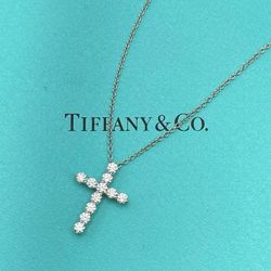 TIFFANY & Co. Platinum PT950 0.44CTW Diamond Cross Pendant Necklace w/ Boxes $3,100